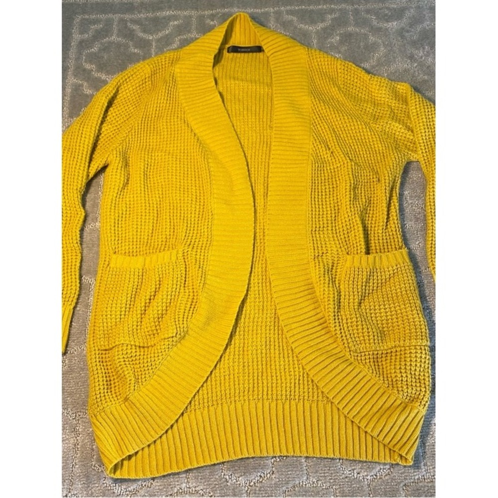 Womens Mustard Yellow Open Front Cardigan Knit Shawl Collar Pocket Cozy Office M